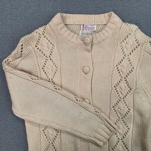 Vintage Bradley Knitwear Cream Virgin Wool Lined Pointelle Cardigan Sweater 36